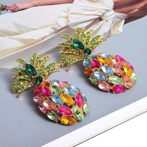 Multicolor pineapple earrings dangle drop pink - Picture 5 of 8